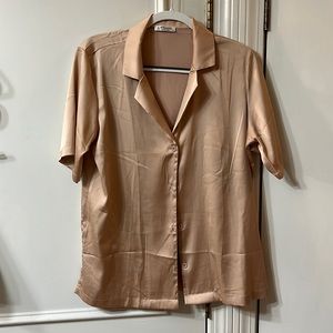 Beige Satin Short-sleeve Blouse/ Button-down